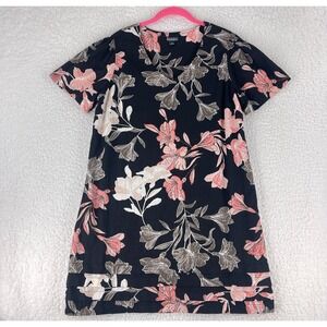 Nicole Miller Black Floral Print Linen Blend Dress Womens‎ Short Sleeve Size L